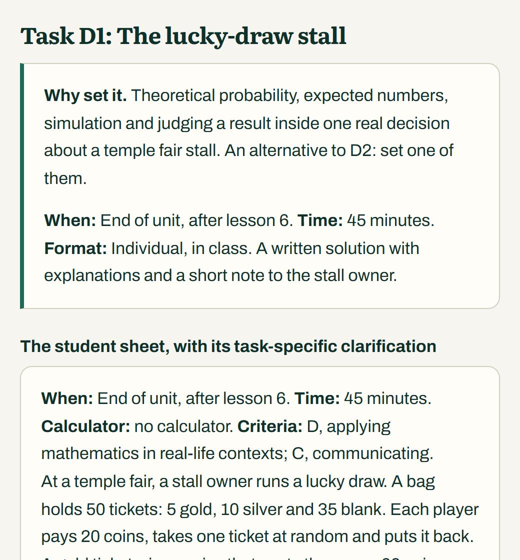 An MYP criterion D task sheet about a lucky-draw stall at a temple fair